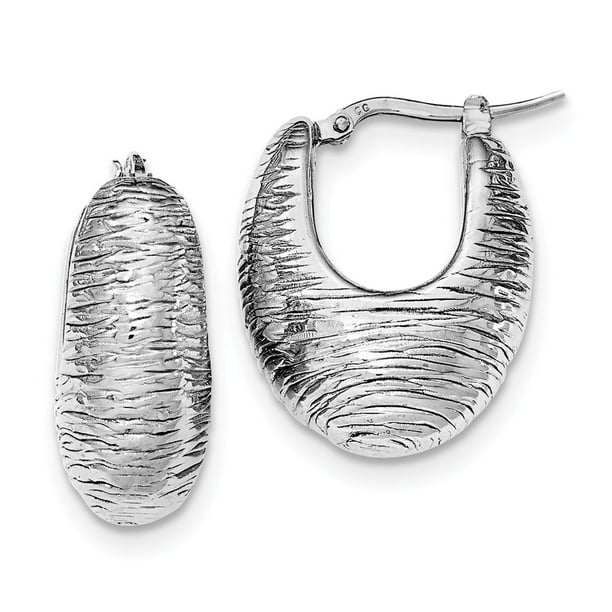 925 Sterling Silver Textured Hollow Hoop Earrings 